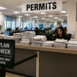 Public service counter with tall piles of permit and plan-check paperwork; 'PERMITS' sign overhead and a staff member at a computer.