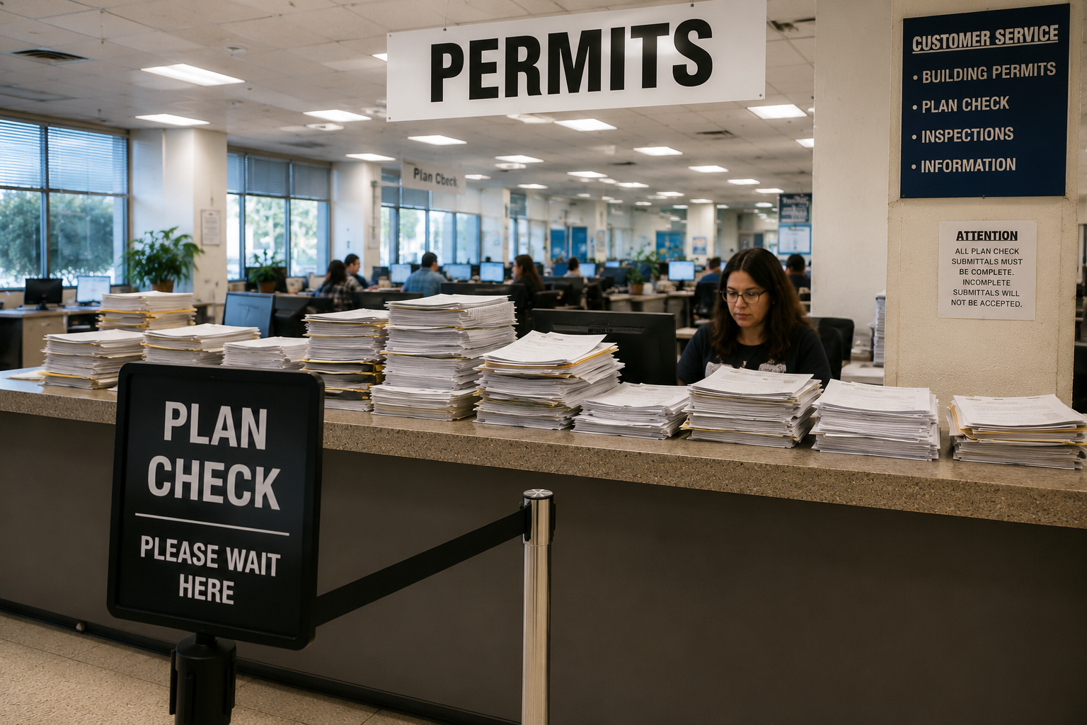 Public service counter with tall piles of permit and plan-check paperwork; 'PERMITS' sign overhead and a staff member at a computer.