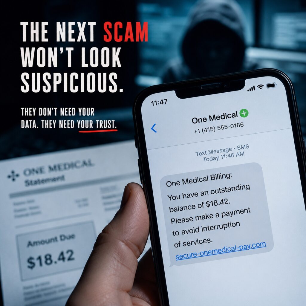 Awareness image: bold text warns about scams, saying The next scam won't look suspicious; they need your trust, with a hooded figure in the background and a phone screenshot shown on the right.