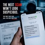 Awareness image: bold text warns about scams, saying The next scam won't look suspicious; they need your trust, with a hooded figure in the background and a phone screenshot shown on the right.
